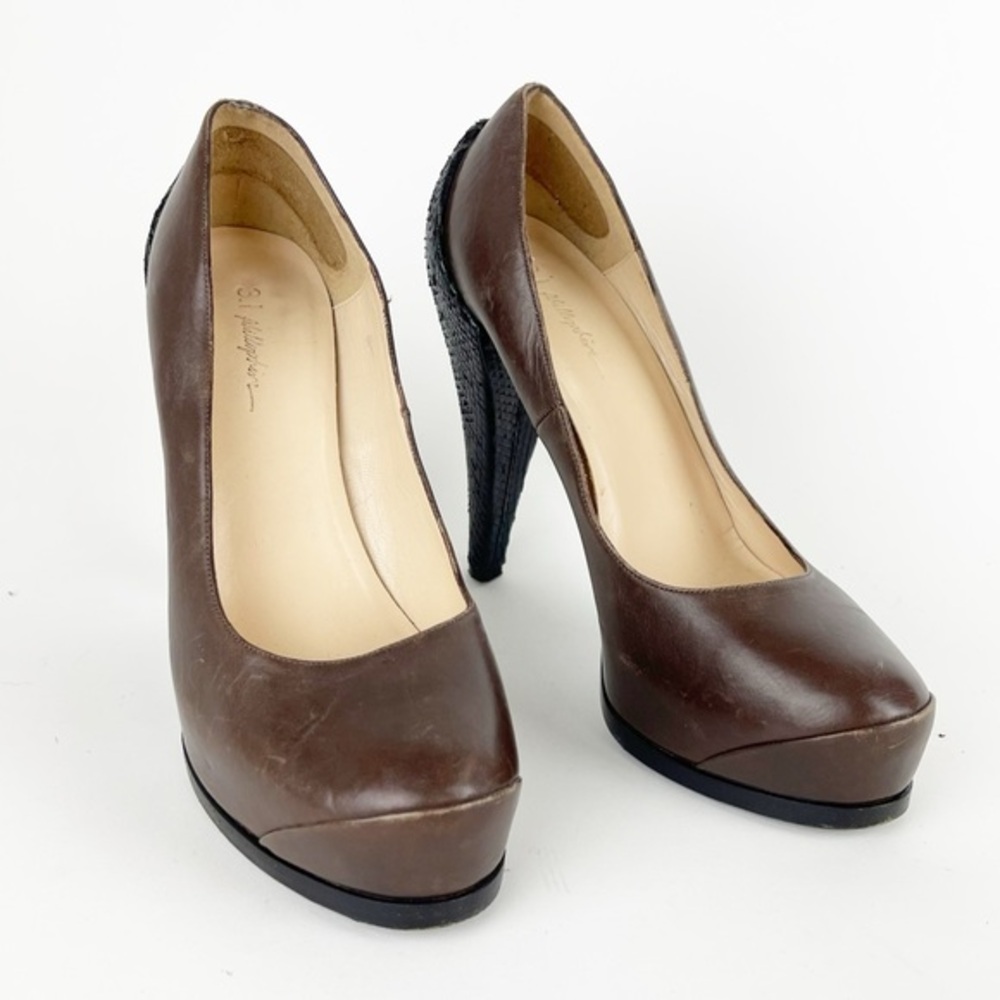 3.1 Phillip Lim Snake Textured Heel Brown Platform Pump Size 8